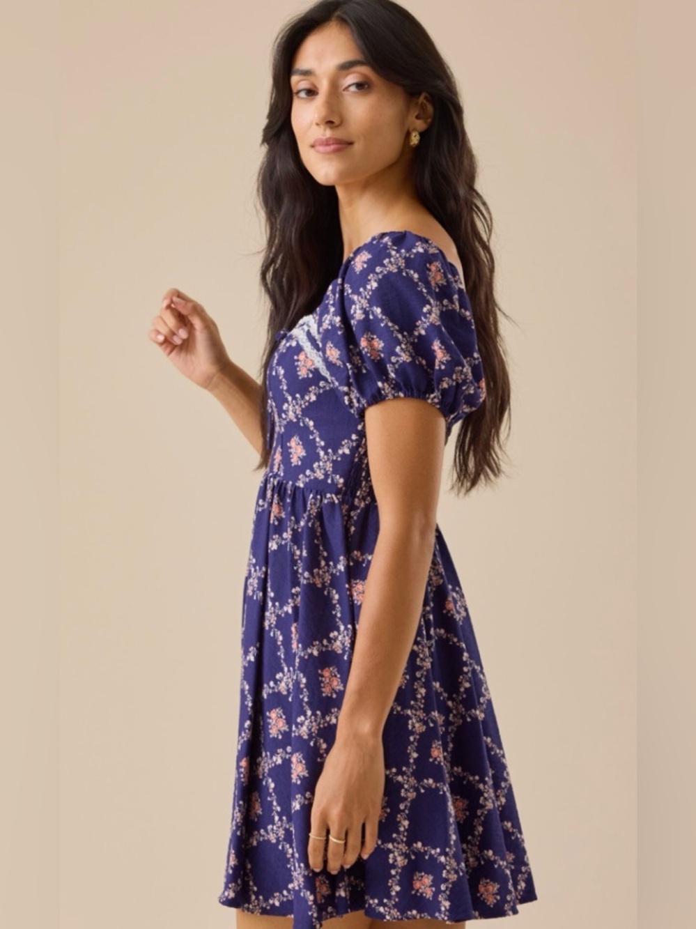 NWT [Altar'd State] Azura Mini Floral Puff Sleeve Lace Trim Dress Women’s XXS - Picture 2 of 14